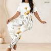 Women Plus Size Two Piece Outfit Round Neck Short Sleeve Yellow Floral Print Long Top And Leggings