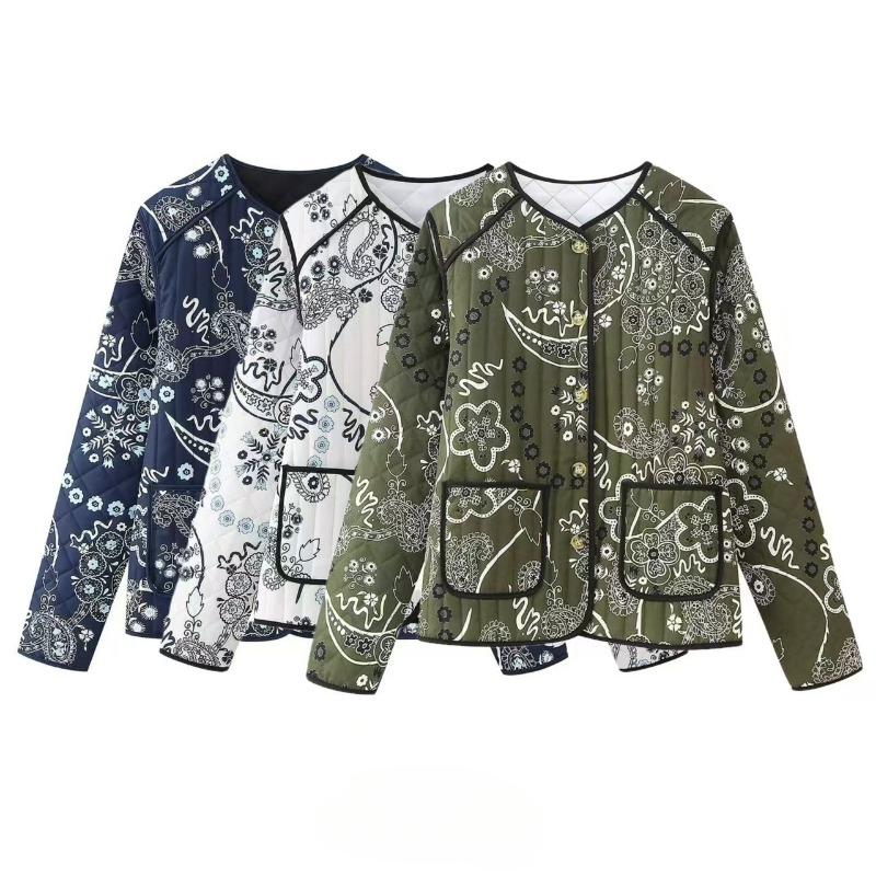 Осенне-зимняя женская хлопковая куртка с принтом, новая мода, круглый вырез, длинные рукава, теплое пальто, свободная легкая хлопковая верхняя одежда