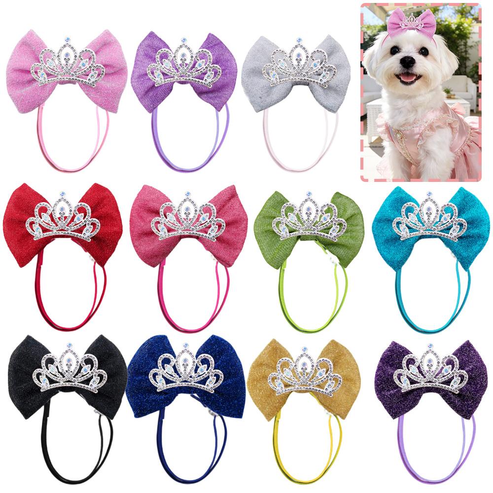 20PCS Diamonds Dog Hair Bows Elastic Bands Crown Shape Luxury Small Dog Head Bows Puppy Grooming Accessories For Dogs and Cats