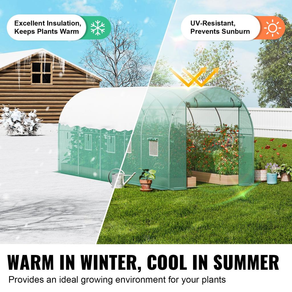 VEVOR Walk-in Tunnel Greenhouse, 14.6x6.4x6.3 ft Hoop House Greenhouse Tunnel, Plant Hot House with Galvanized Steel Frame, Green PE Cover