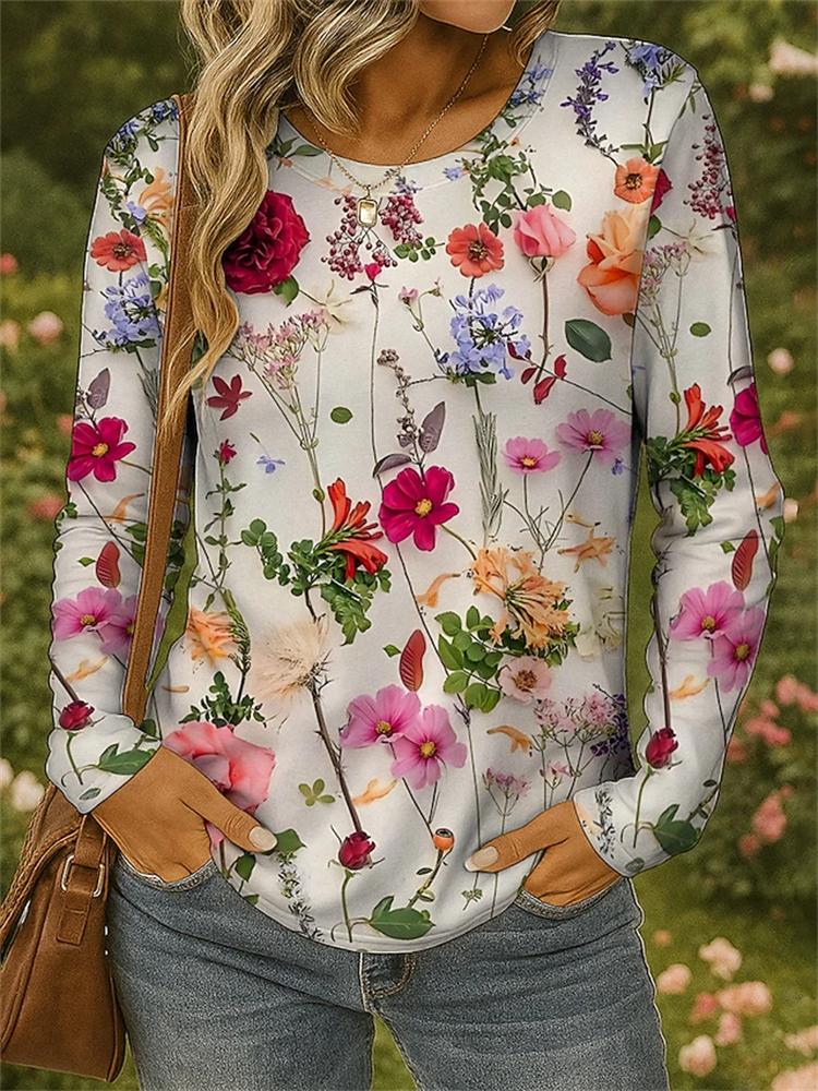 Women's Autumn Casual Long-Sleeved T-Shirt with 3D Print Floral Pattern Round Neck Retro Elegant Fashionable Women's Top