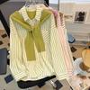 Women Shirt Lapel Long Sleeve Vertical Striped Fake Two-Piece Design Shawl Back Shirt Loose Fit Buttons Placket Shirt Tops