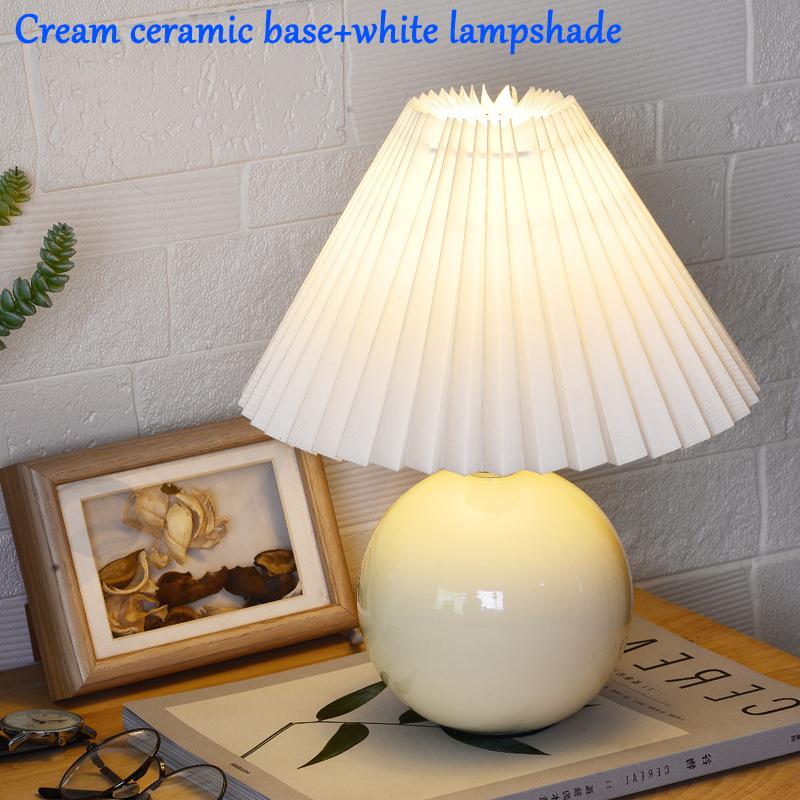 Vintage Pleated Table Lamp with LED E27 Tricolored Bulb Ceramic Base AU US EU UK Plug Cute Decorative Night Light for Bedroom