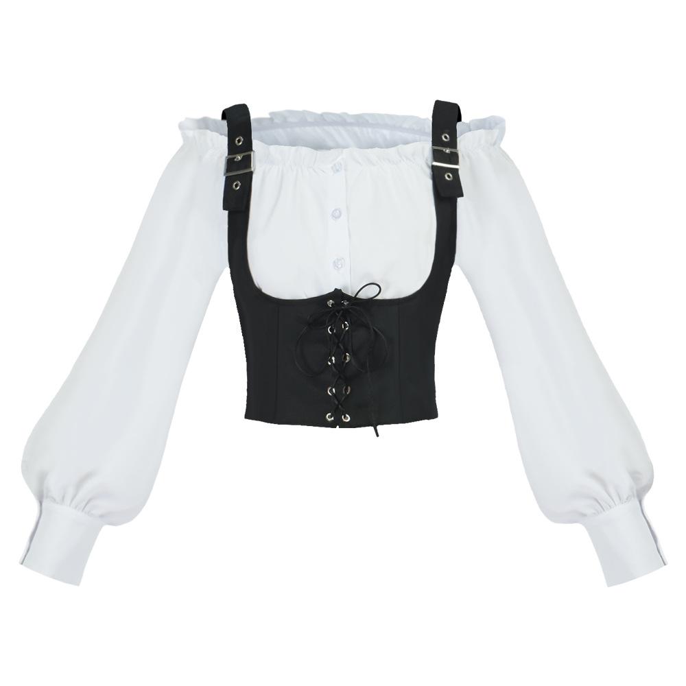 Suede Vest with Ruffle Trim Off-Shoulder Long Sleeve Halloween Cosplay Costume Gothic Vintage Black for Women