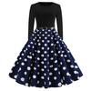 Women Vintage Long Sleeve O Neck Evening Dot Printing Party Prom Swing Dress