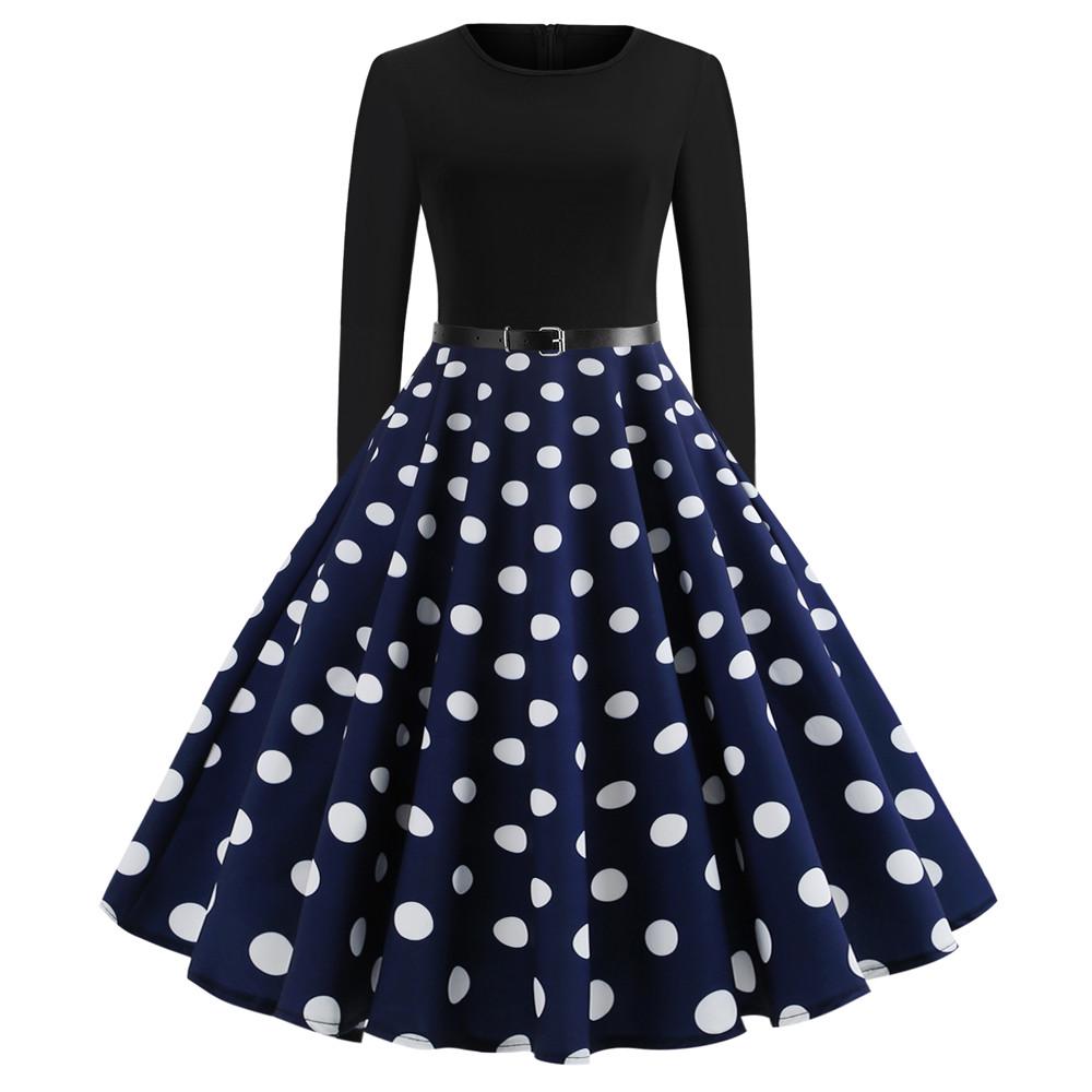 Women Vintage Long Sleeve O Neck Evening Dot Printing Party Prom Swing Dress