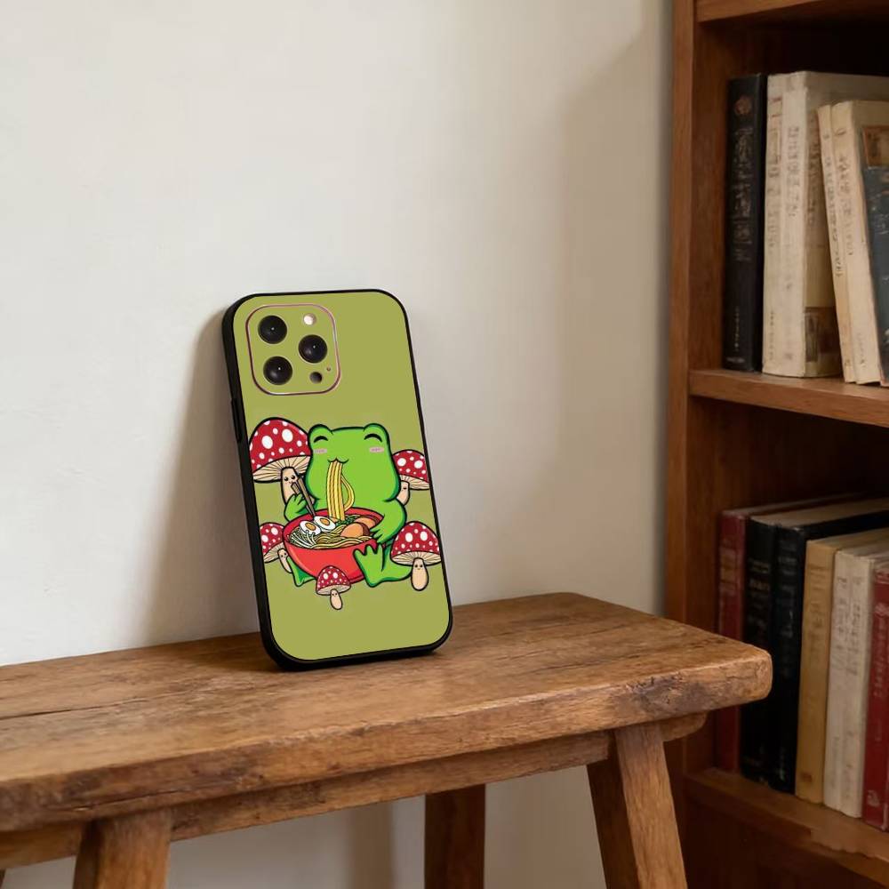 Осенний грибная лягушка Чехол для телефона Для iPhone 17,16,15,14,13,12,11 Plus,Pro Max,XS,Мягкий силиконовый черный чехол