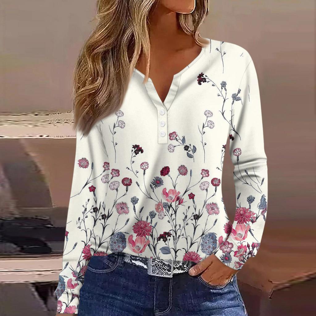 Women's T Shirt Tee Button Long Sleeve Daily Weekend Fashion Basic V- Neck Regular Top