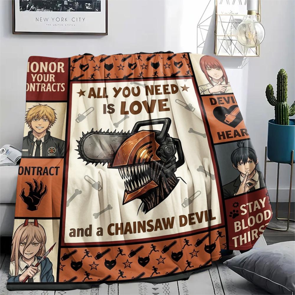 1PC Chainsaw Man Patterned Flannel Blanket Suitable For All Seasons For Home Decor Warmth And Comfort Gifts Holiday Present