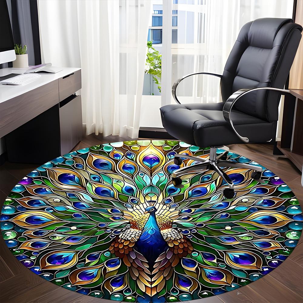 1pc Peacock Feather Mandala Carpet, Round Non Slip Durable Large Size Office Carpet, Suitable for Office