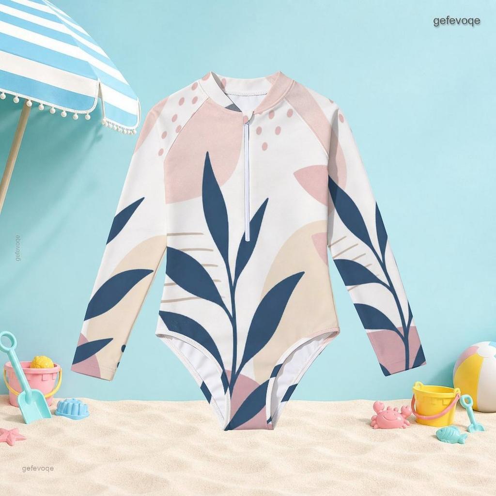 Girls High Neck Long Sleeve Front Zip Leaf Printed One Piece Swimsuit