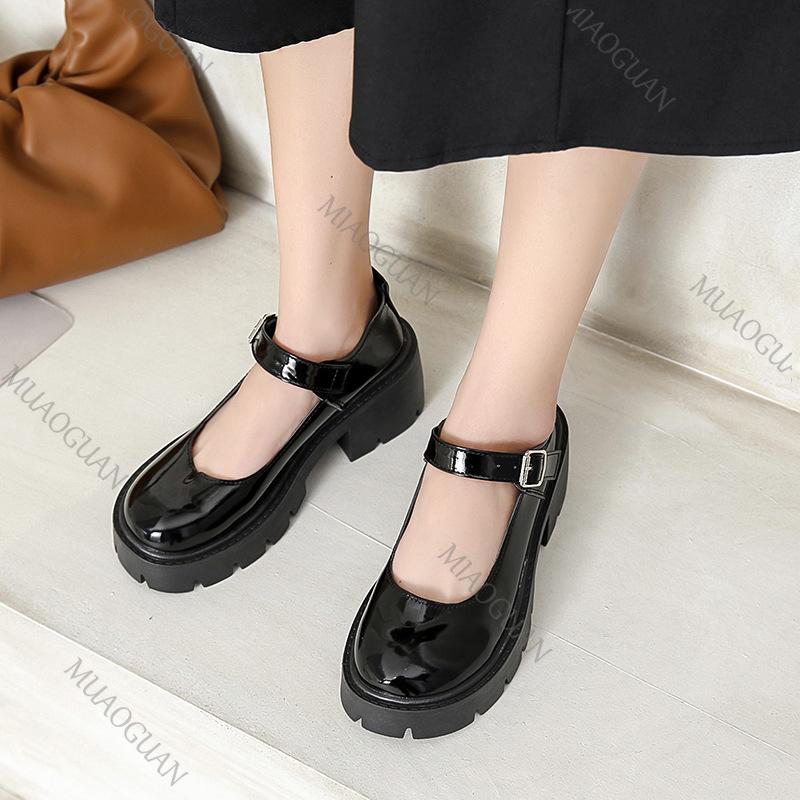 Модные туфли Мэри Джейн с круглым носком, женские туфли на толстом высоком каблуке в японском студенческом стиле, туфли-лодочки, одинарная обувь, платформа, ретро, кожаные, черные лоферы