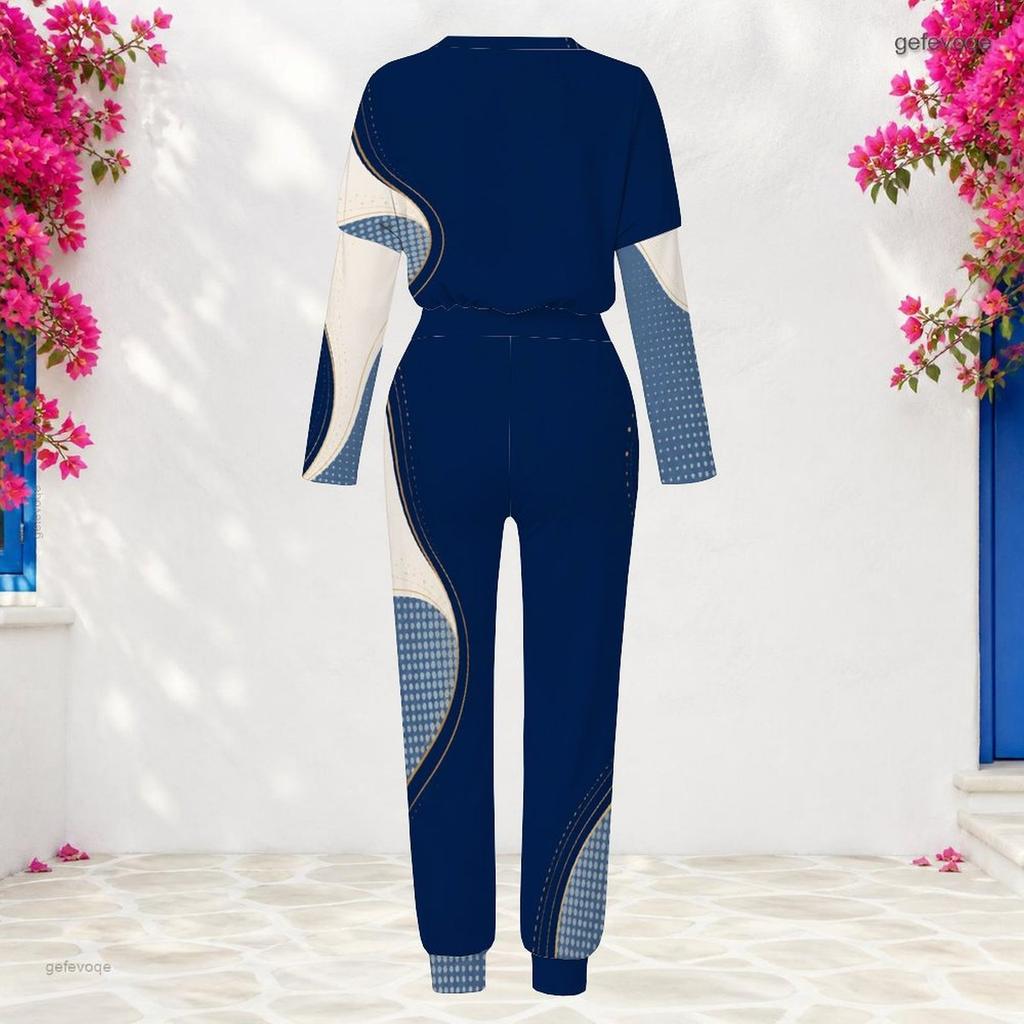 Women Plus Size Cream White Printed Round Neck Long Sleeve Cuffed Top And Pants Two Piece Set