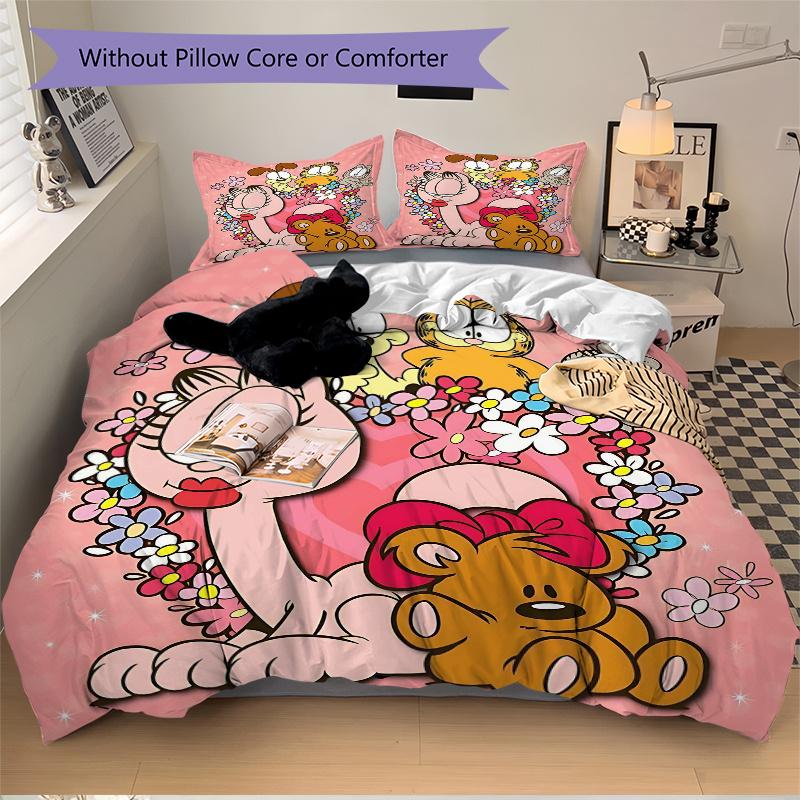 3pcs Garfield and Friends Quilt Set Cartoon Themed Bed Quilt Set Lovely Character Bedroom Decor Bed Quilt Set Four Seasons (1 Cover + 2Pillowcase