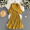 Women Dress Spring Long Sleeve High Waist Sash Bandage Big Swing Long Dress Pop Fashion Pleated Party Vestidos