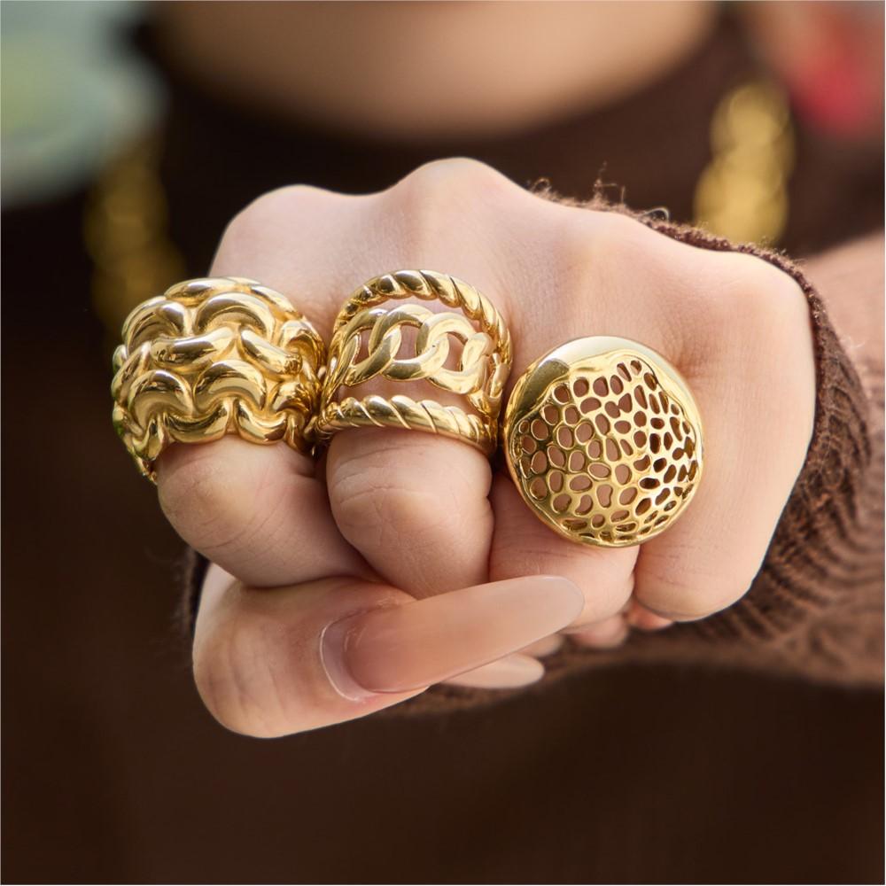 Vintage Hollow Stainless Steel Rings for Women Gold Plated Interwoven Textured Chunky Ring Statement Bold Keeper Rings