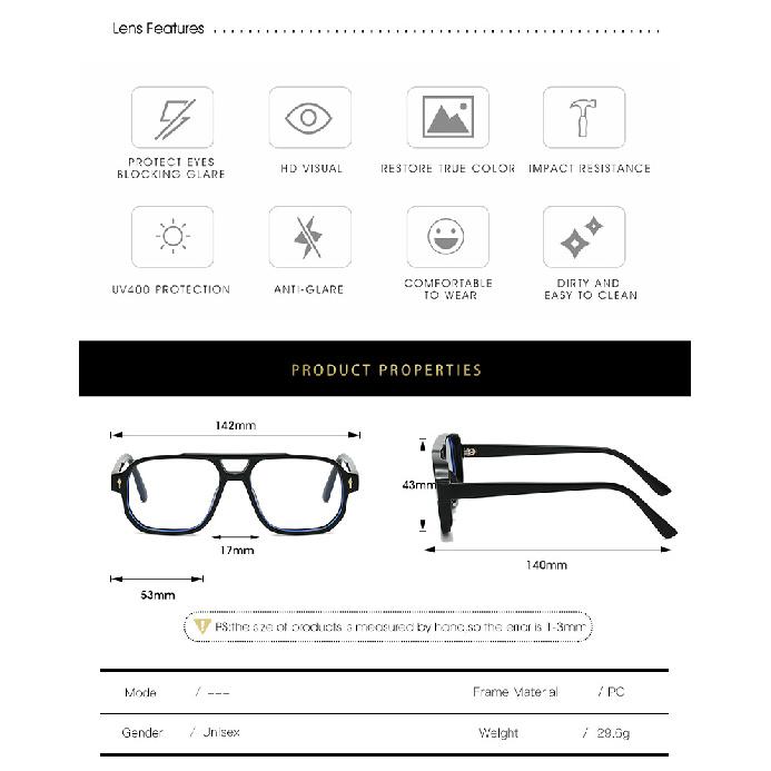 Aviator-style eyeglass frames, AC eyeglass frames, TR90 material, with adjustable temples, plain lenses