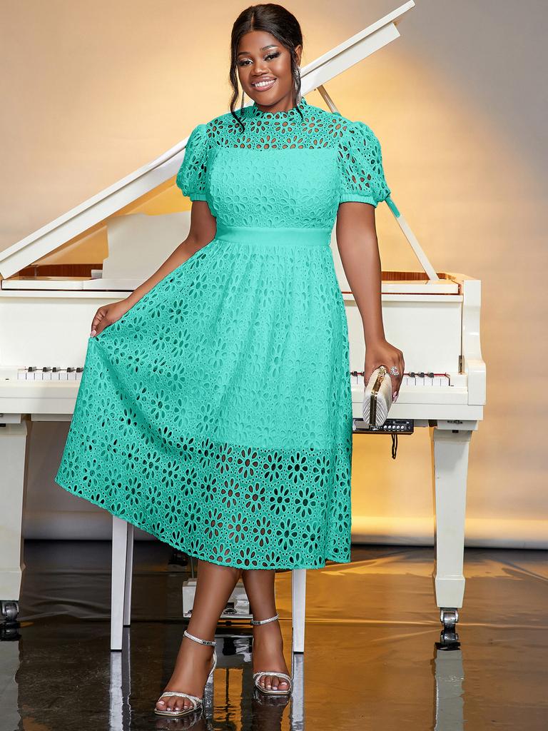 AOMEI White Lace Dresses Women Short Sleeve Hollow Out High Waist A Line Midi Casual Work Party Gowns