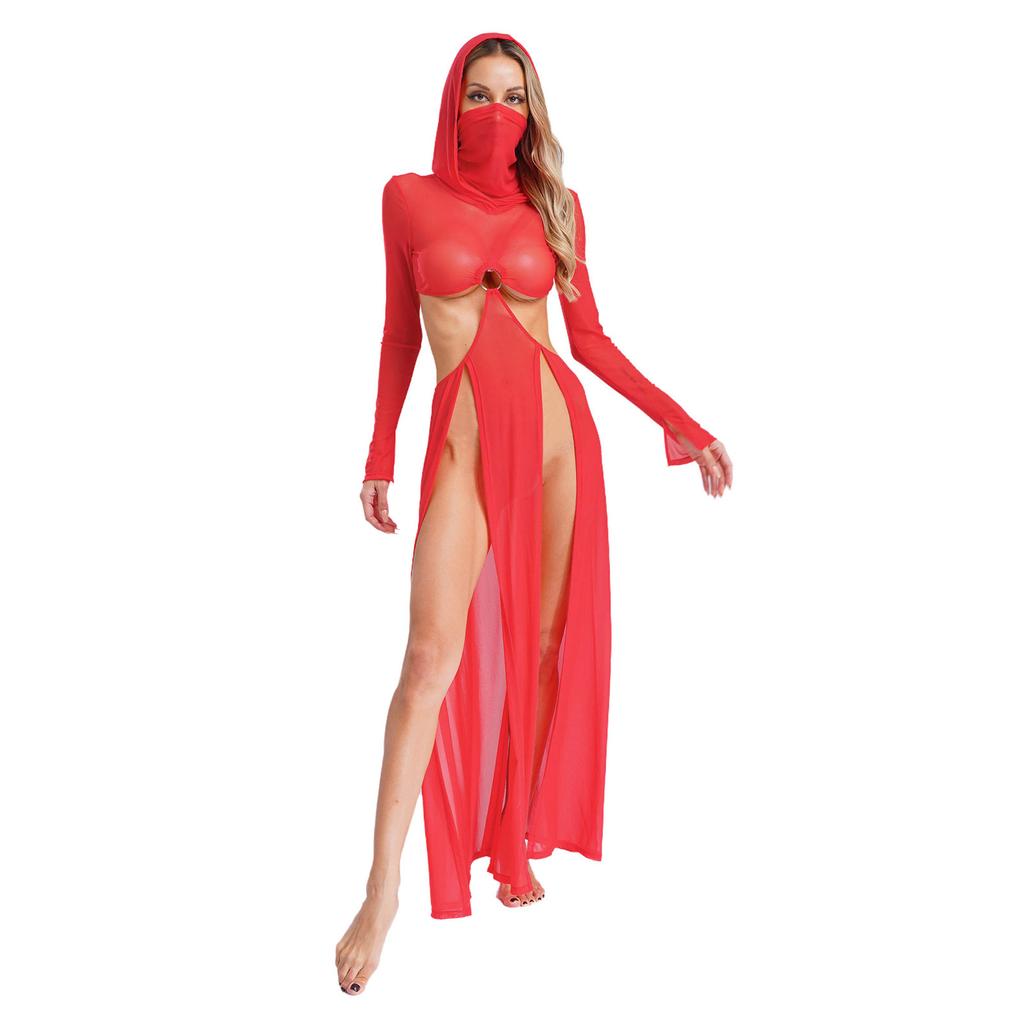 Fashion Women Sheer Dress Maxi Hollow Out Mesh Coverup with Long Sleeves Hooded Mask and High Slit, Sexy Party Club Wear