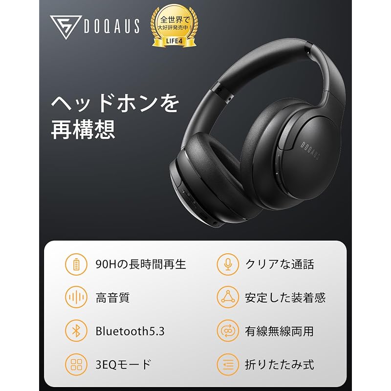Беспроводные наушники DOQAUS Bluetooth5.3 До 90 часов непрерывного воспроизведения в нескольких точках AAC Проводное и беспроводное двойное использование Встроенный микрофон над ухом