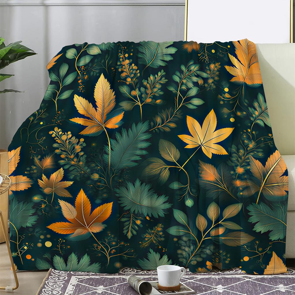 1pc Vintage Floral Print Flannel Blanket - Soft Warm All-Season Throw with Green & Orange Botanical Pattern, Durable Machine-Was