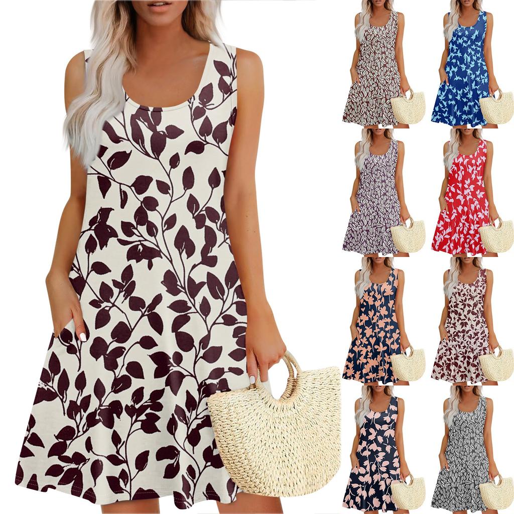 Women's Summer Leaf Print Fashion Casual Square Neck Sleeveless Dress With Pockets