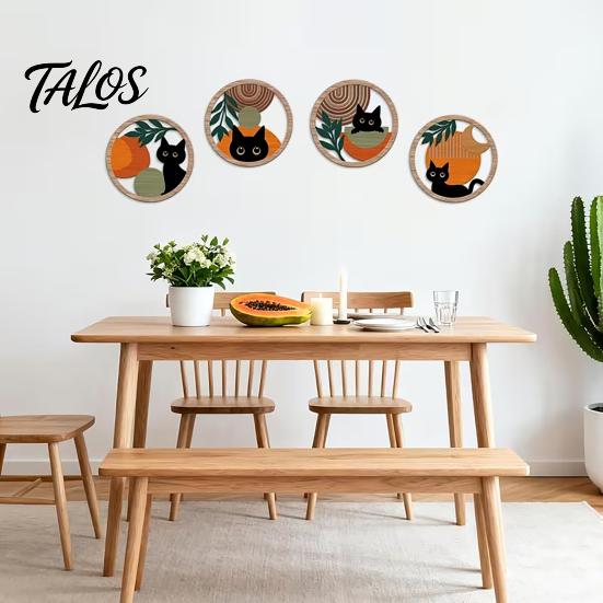 Декор для детской комнаты 4 шт. Набор Черный Кот, Бохо Мультяшное Подвесное Искусство, Искусство для Спальни Деревенский Деревянный Знак с Растениями для Гостиной Офиса Животное