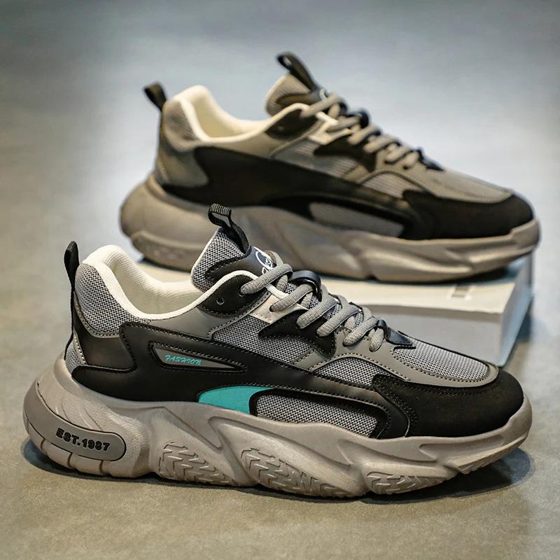 Модные мужские кроссовки 2024 года, новые трендовые сетчатые повседневные спортивные туфли на шнуровке с увеличенной мягкой подошвой и толстой подошвой, универсальные громоздкие кроссовки