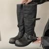 Eilyken Winter Punk Design Belt Buckle Knee High Boots Women Fashion Round Toe Square Heels Shoes Modern Booties De Muje