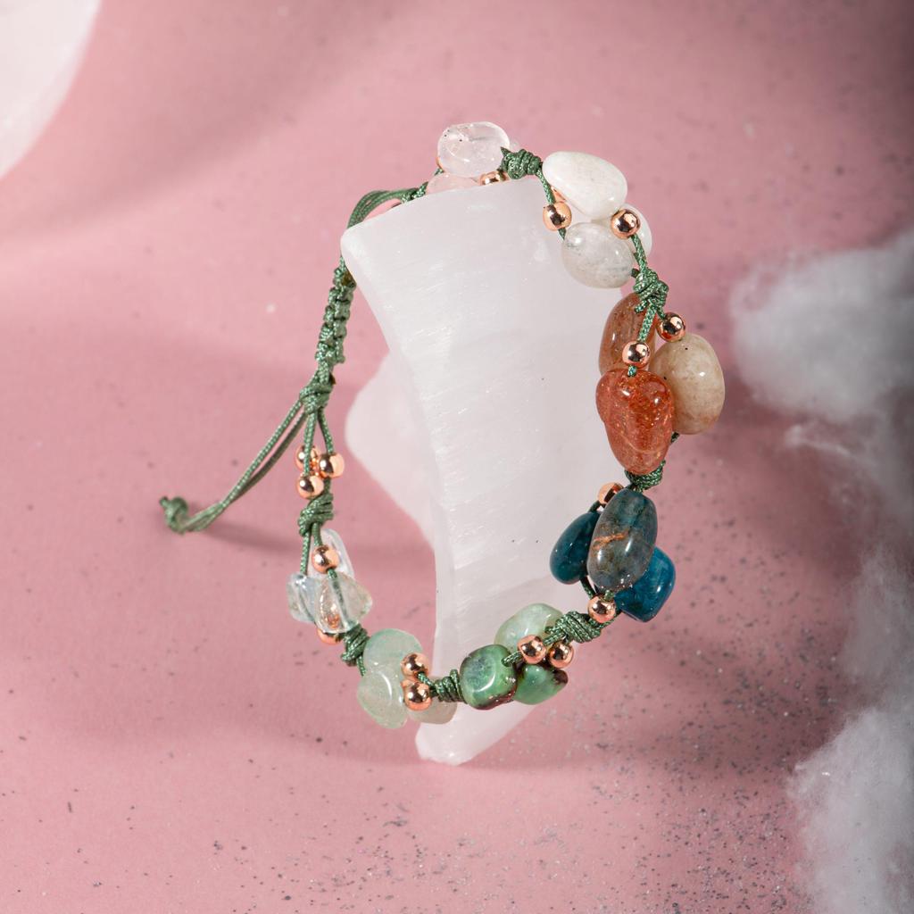 Браслет Весы Аквамарин, лунный камень, солнечный камень, хризопраз, голубой апатит, розовый кварц, зеленый авантюрин