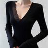Plain Black Top With Lace Splicing V Neck For Spring Casual Wear