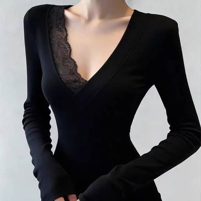 Plain Black Top With Lace Splicing V Neck For Spring Casual Wear