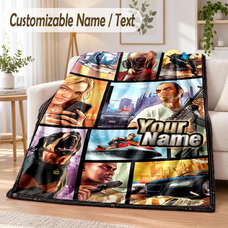 GTA Custom Name Flannel Throw Blanket Soft Warm for Sofa Bed Indoor Home Use