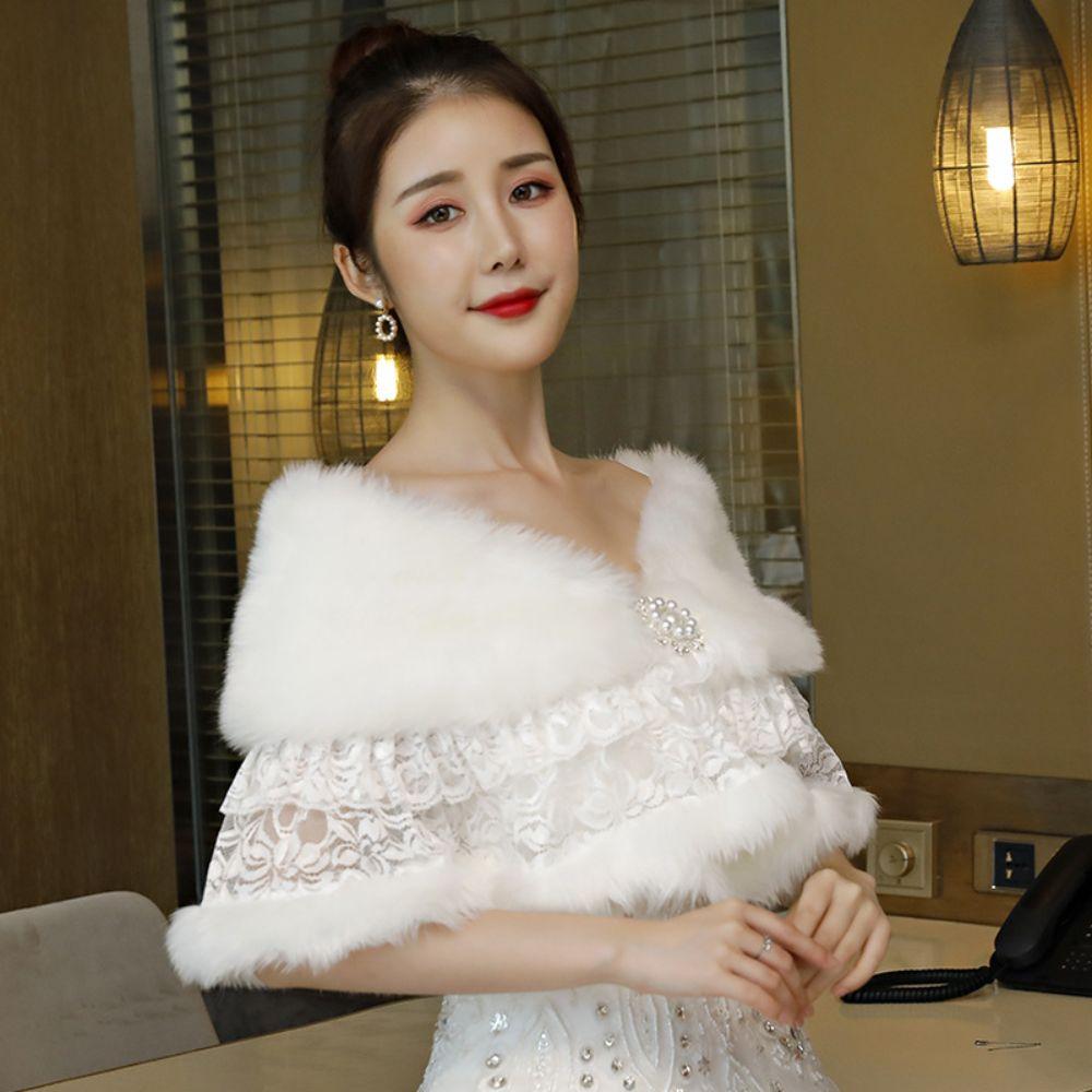 V-Neck Bridal Wrap Cape White Fur Collar Fashion Winter Dress Jacket Autumn Winter