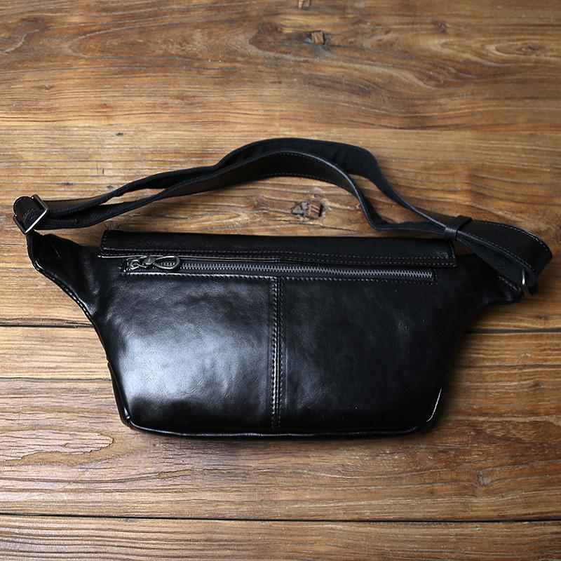 NZPJ Genuine Leather Men's Chest Bag Leisure Top Layer Cowhider Messenger Bag Black Tablet Computer Bag For 8-Inch IPad