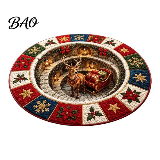 Holiday Party Home Decoration Round Christmas 3D Rug, Optical Illusion Area Santa Claus Gnome Quilted-Like Creative Gift for Anti-slip Washable Floor