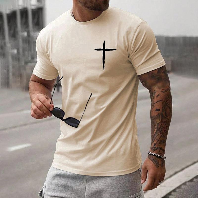 New Men's Fashion Short-sleeved Shirt Summer Comfortable Breathable Cross Print Round Neck T-shirt Sports Fitness Short-sleeved