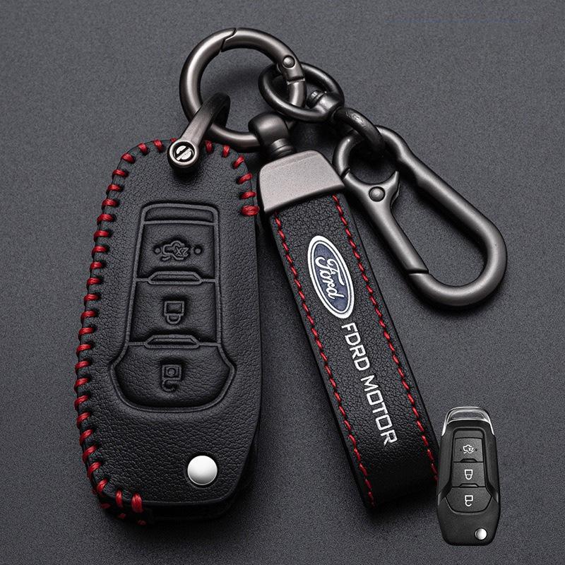 Leather Car Smart Remote Key Cover For Ford Focus Mk3 Mk4 Fiesta Kuga Escape Edge Explorer Mondeo Ranger F-150 Mustang Sticker cc20