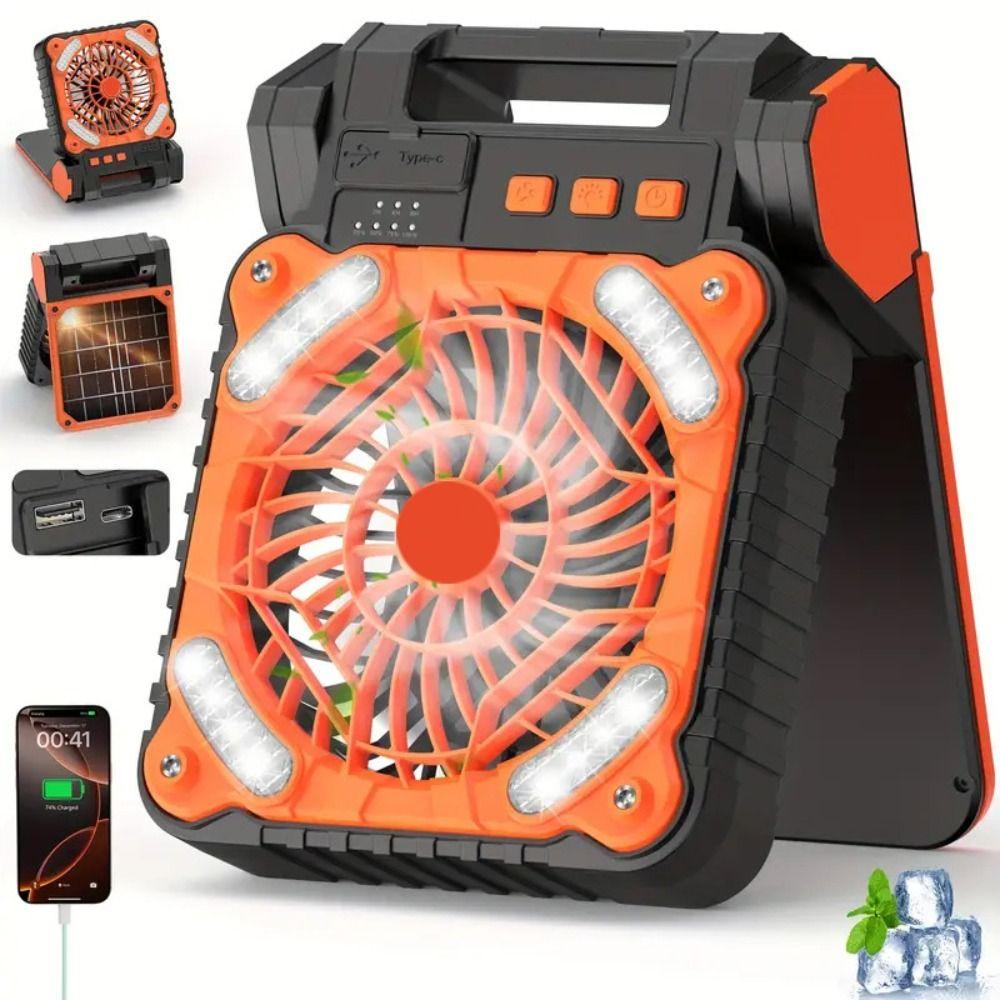 90° Folding Camping Fan with LED Light 5200mAh Portable Tent Fan Outdoor Solar Fan Picnic Trip