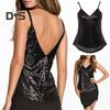 Женский топ с глубоким вырезом и V-образным вырезом, регулируемый, с блестящими пайетками на спине, без рукавов, однотонный, свободный, для выступлений, для танцев, для вечеринок, без рукавов