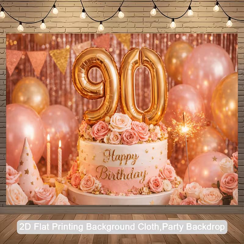 2D 90th Birthday Backdrop Rose Gold Balloon and Flower Party Background