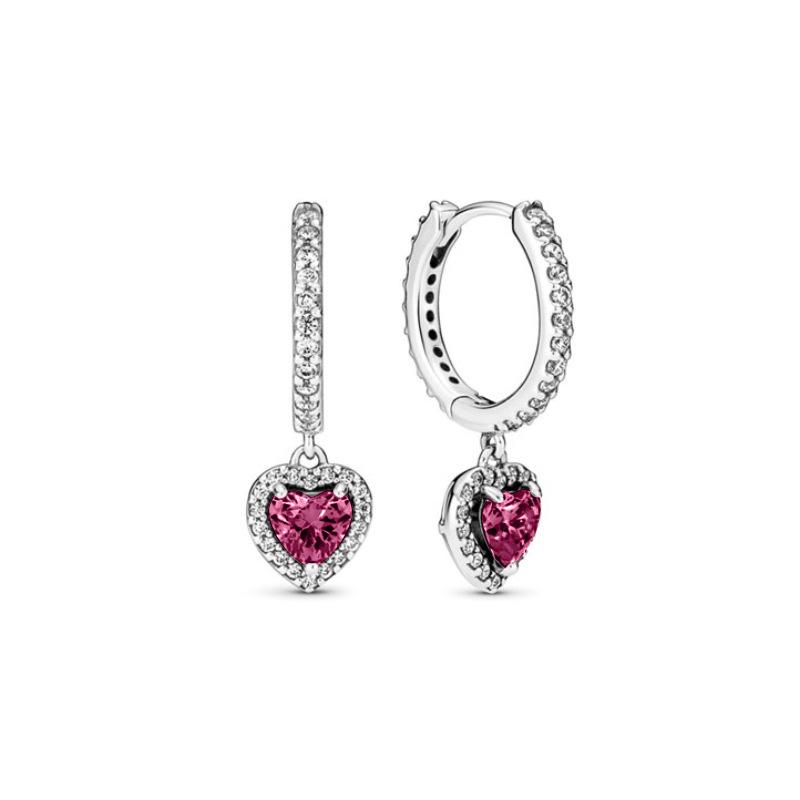 Valentine's Day 925 Silver Plated Red Sapphire Earrings Pink Round Sparkling Earrings Pandor Exquisite Jewelry Ladies
