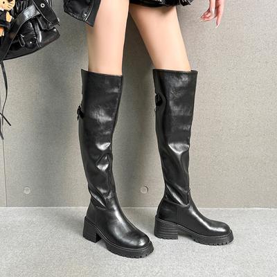 Женские ботфорты до колена в британском стиле, новинка 2025 года, ретро, тонкие плиссированные сапоги из вымытой кожи, сапоги-рыцари на толстой подошве