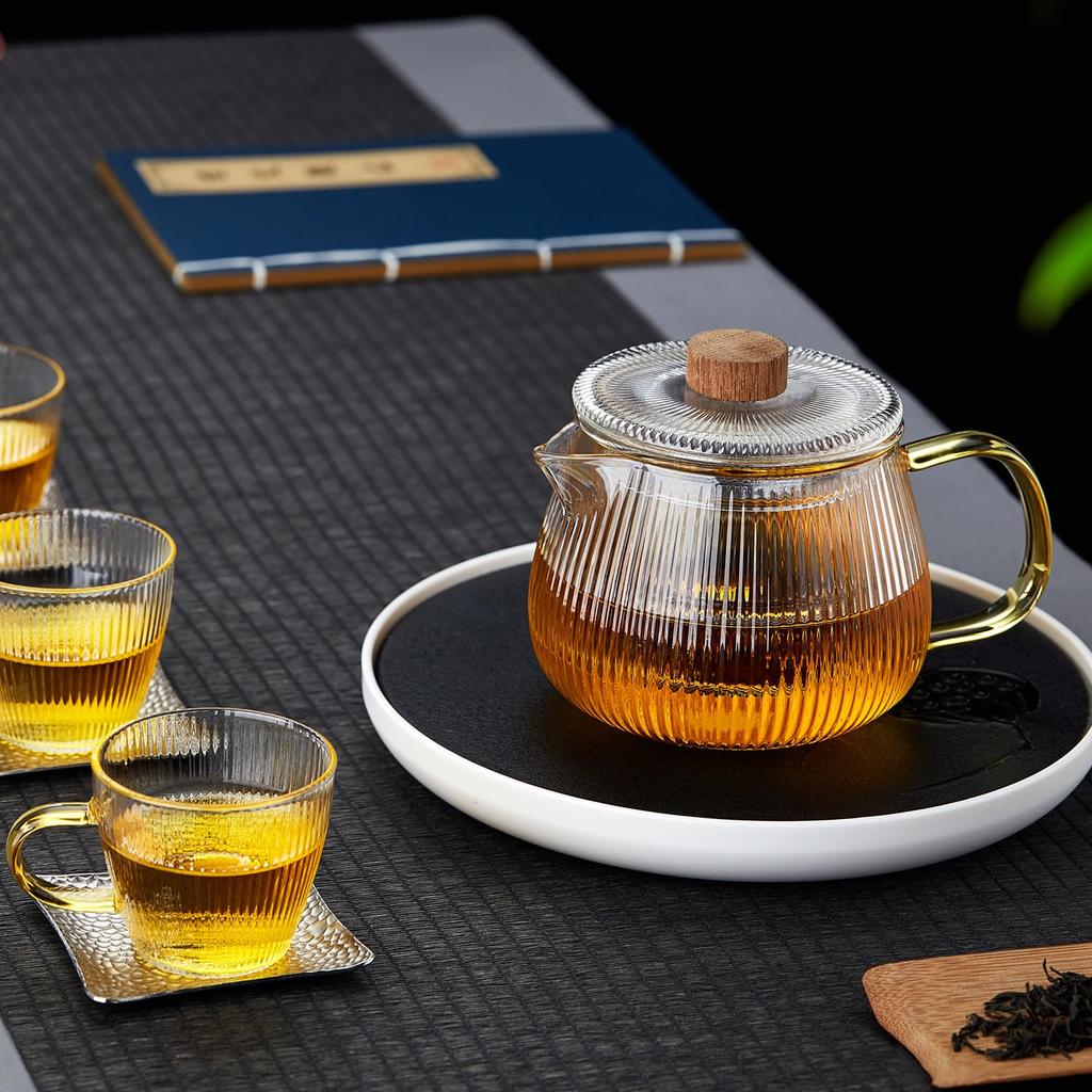 Pokaro Tea Melon Teapot, Heat-Resistant Glass, Heat-Resistant (170°C), Microwave-Safe, 570ml, with Tea Strainer and Lid, Wooden Knob, Suitable for