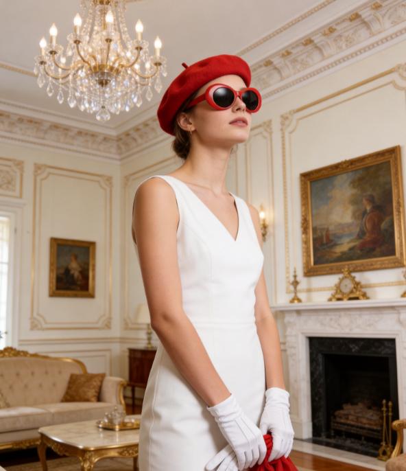 PESENAR Red French Style Costume Accessory Set with Beret, Sunglasses, Scarf and White Gloves