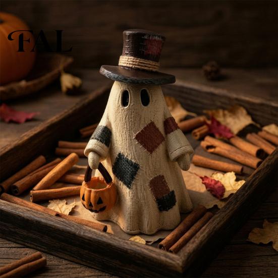 Whimsical Autumn Home Accents Lighted Patchwork Ghost Resin Figurine with Pumpkin Lantern, Rustic Farmhouse Style Halloween Unique Holiday Interior