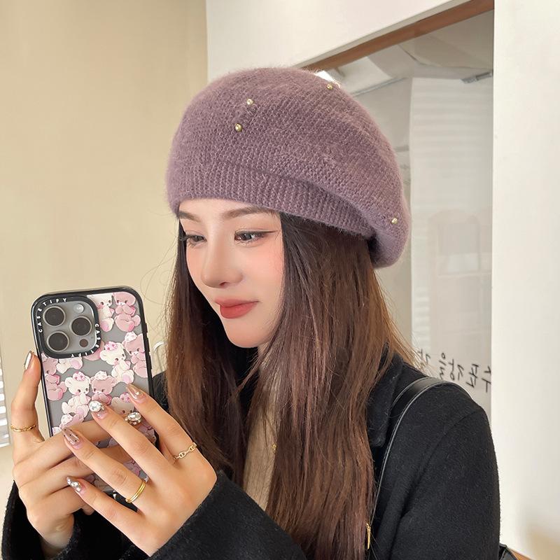 Handmade pearl rhinestone wool beret women's autumn and winter new octagonal painter hat fashion warm bud hat