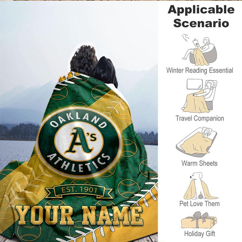 1PC Custom Name Blanket Athletics Oakland Emblem Flannel blankets Patterns Throw Blanket All-Season Soft Gift for Couch, Bed, Camping, Birthday gifts