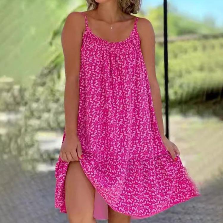 Floral Printed Women's Sleeveless A-line Polyester Beach Dress Loose