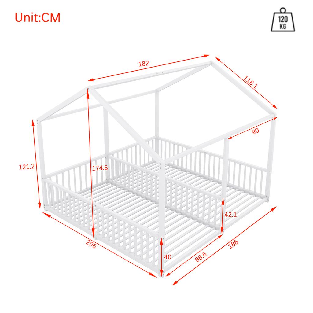 Metal Bed, Children's Bed, 90*200cm, Without Mattress, Railing, Ladder, House Shape, Double Bed Design, Double Bed, Iron Frame, White
